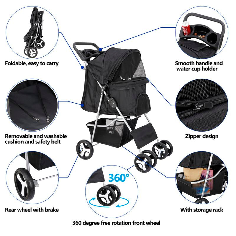 Segawe Foldable Dog Stroller Pet Travel Carriage Detachable Carrier Cart, Black