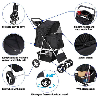 Segawe Foldable Dog Stroller Pet Travel Carriage Detachable Carrier Cart, Black