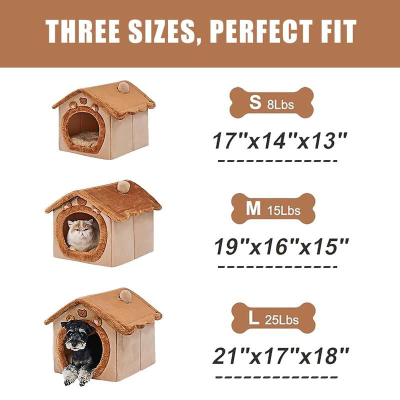 Cute Small Dog House Indoor, Foldable House Kennel Bed Mat with Cushion, M Size Tent up to 15 Lbs, Dog Cave Bed with Non-Slip Bottom, Brown