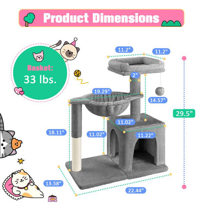 MUTICOR 29 Inches Cat Tree with Dual Pom-Pom Ears Small Blue Grey Beige Pink Cozy Condo for Cats with Play Area
