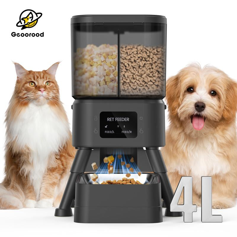 【Geoorood】Dual Chamber Automatic Cat Feeder, 4L (2X2L) Smart APP Controlled Pet Feeder for Two Food Types (Dry Food & Freeze-Dried), Battery Powered, with Desiccant Bags & Customizable Portions