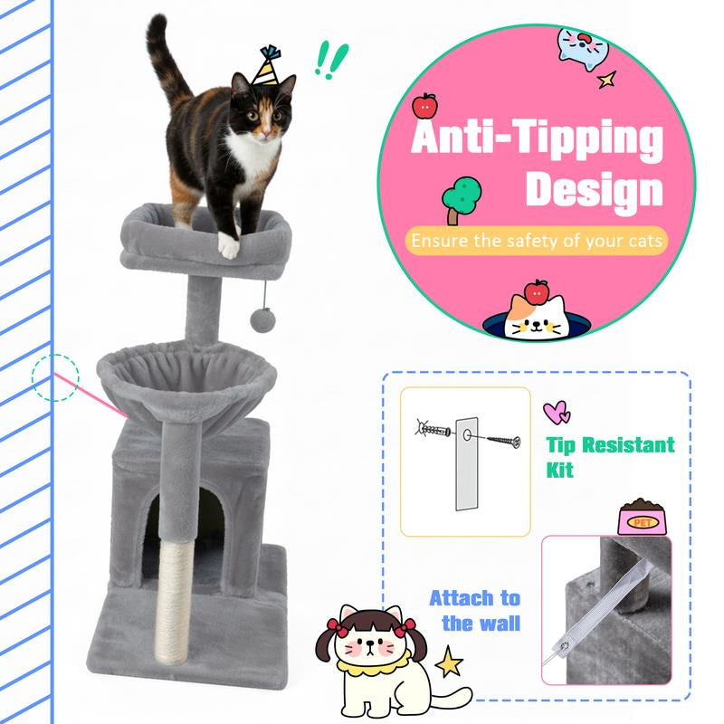 MUTICOR 29 Inches Cat Tree with Dual Pom-Pom Ears Small Blue Grey Beige Pink Cozy Condo for Cats with Play Area