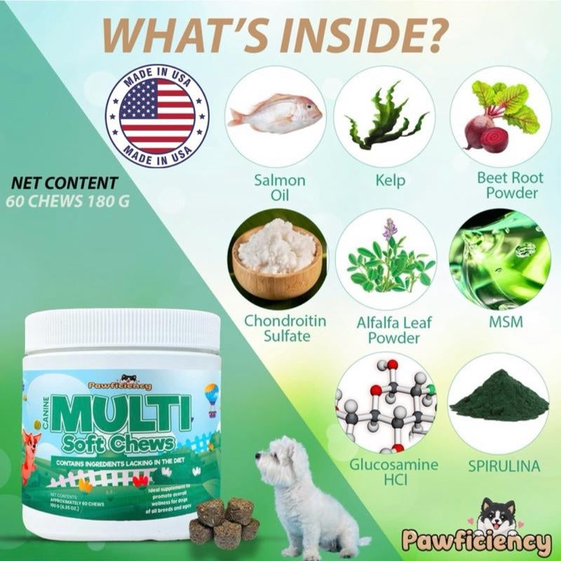 Pawficiency Dog Multi Supplement - 60 Soft Chews - Beef Liver Flavor - Daily Canine Supplement for Joint Health, Skin & Coat, Gut Health - All Dog Breeds & Ages