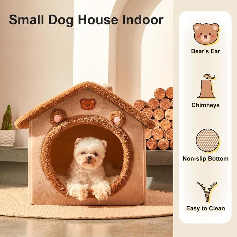 Cute Small Dog House Indoor, Foldable House Kennel Bed Mat with Cushion, M Size Tent up to 15 Lbs, Dog Cave Bed with Non-Slip Bottom, Brown