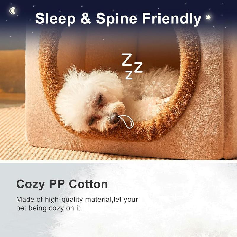 Cute Small Dog House Indoor, Foldable House Kennel Bed Mat with Cushion, M Size Tent up to 15 Lbs, Dog Cave Bed with Non-Slip Bottom, Brown